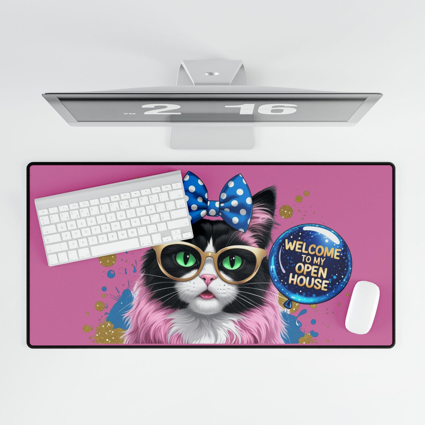 Real Estate Agents Desk Mats - Beautiful & Colorful Cat announcing Open House