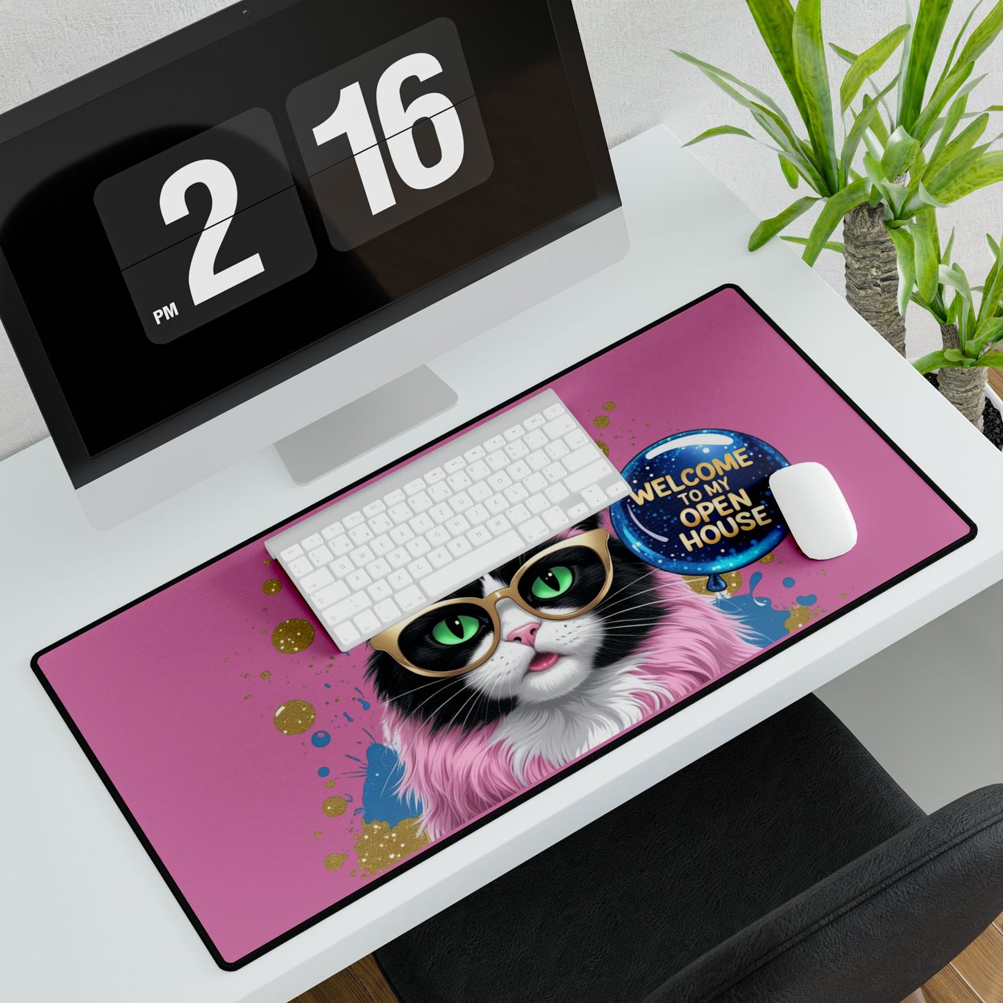 Real Estate Agents Desk Mats - Beautiful & Colorful Cat announcing Open House