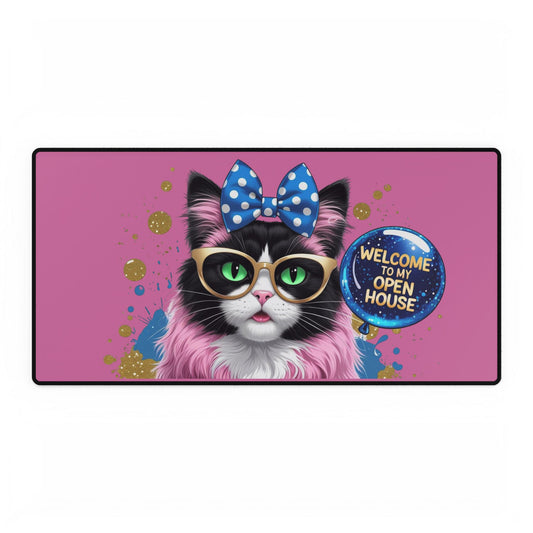 Real Estate Agents Desk Mats - Beautiful & Colorful Cat announcing Open House